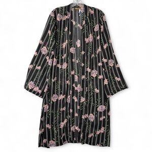 Jorja Duster Cardigan Top Womens XL Black Pink Floral Kimono Long Bell Sleeve